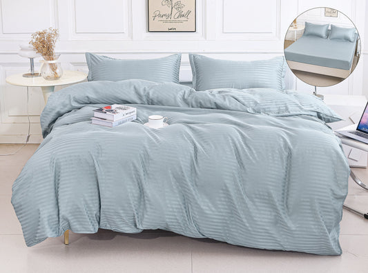 Lenjerie Damasc Finetat 4 Piese cu Elastic, Gri Albastrui, Uni-A9825