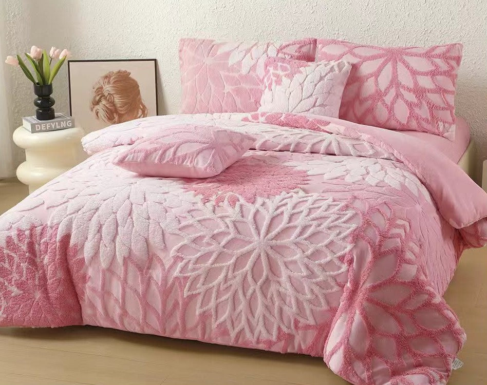 Lenjerie Cocolino Pufoasa, Pat Dublu, cu 6 Piese, Cearceaf Pat Cu Elastic, Flori In Relief-M11517