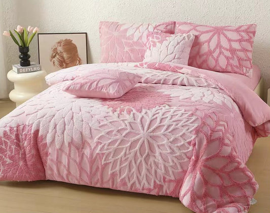 Lenjerie Cocolino Pufoasa, Pat Dublu, cu 6 Piese, Cearceaf Pat Cu Elastic, Flori In Relief-M11517