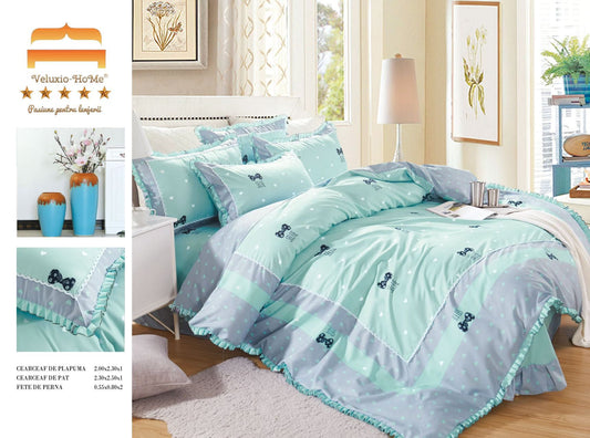 Lenjerie Bumbac Finet Premium 4 Piese cu Volanase, Fundite/Inimioare-M9579