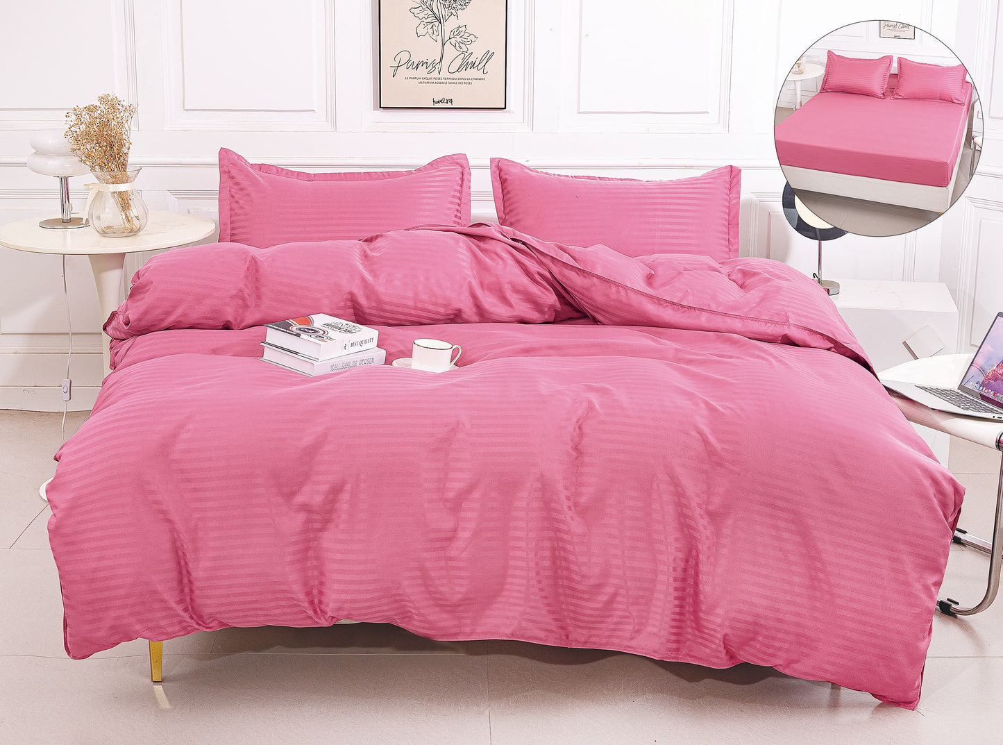 Lenjerie Damasc Finetat 4 Piese cu Elastic, Ciclam, Uni-A9827