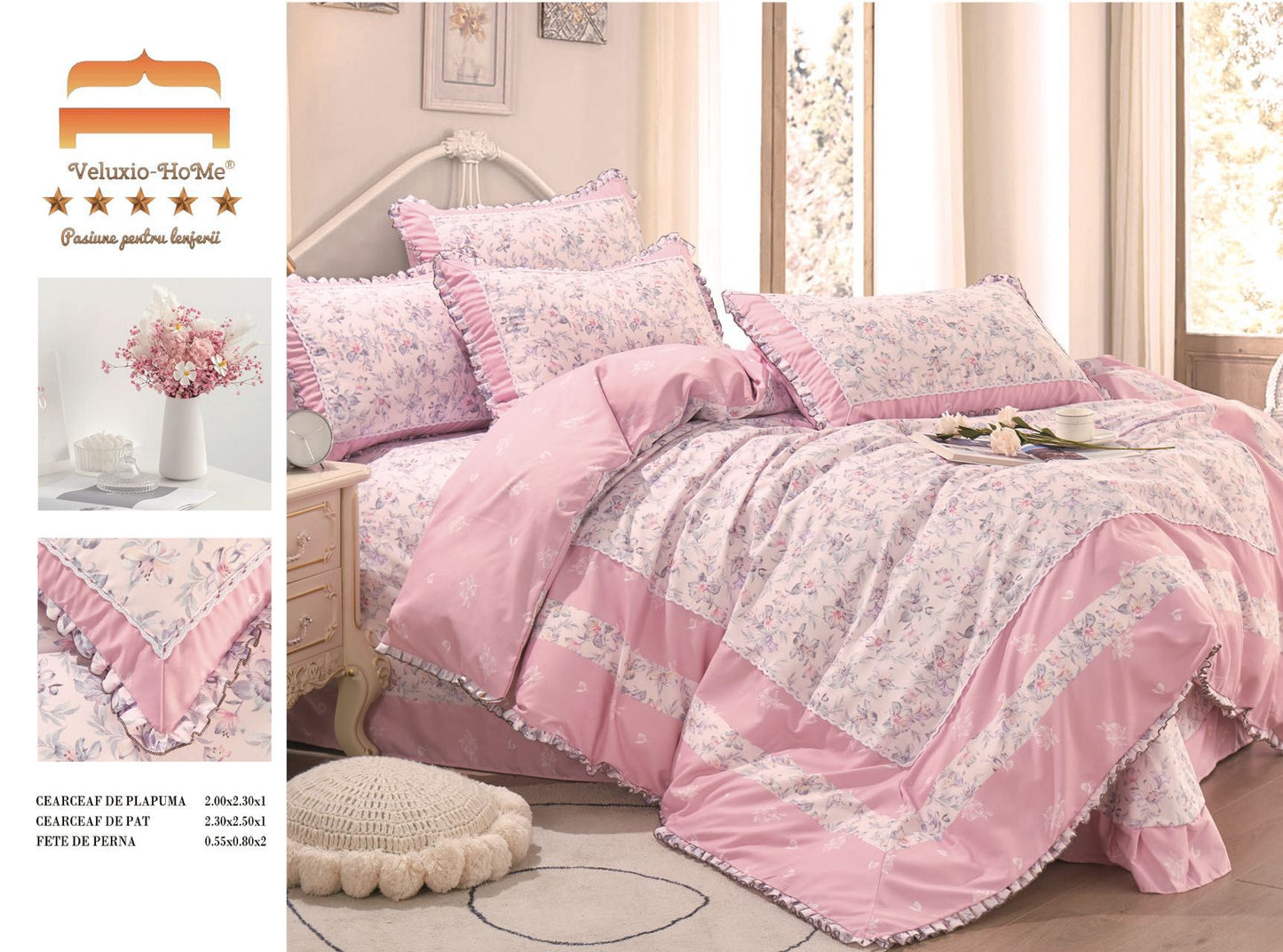 Lenjerie Bumbac Finet Premium 4 Piese cu Volanase, Floricele-M9582