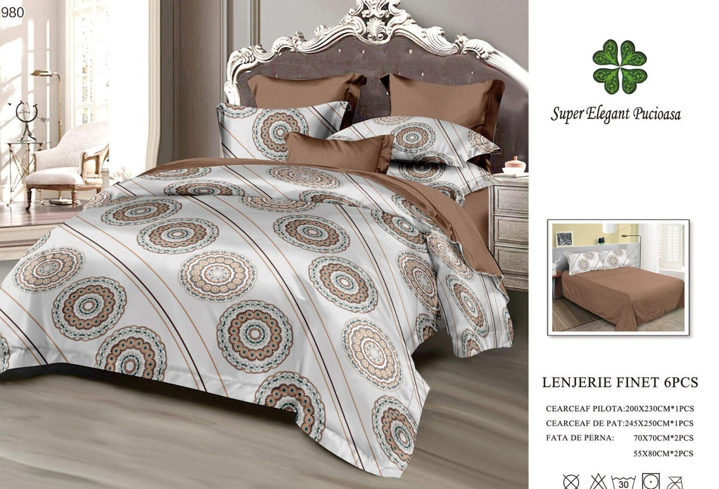 Lenjerie Pat Dublu din Finet, 6 Piese, Model Oriental-SEP9102
