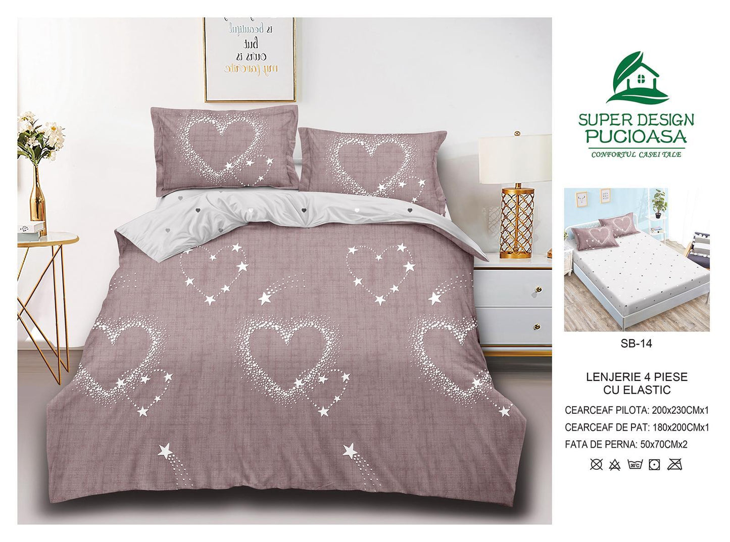 Lenjerie Pat Dublu cu Elastic din Bumbac Satinat Superior cu 4 Piese, Inimioare-V8737