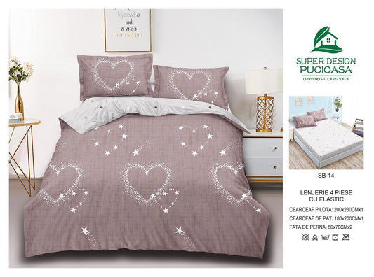 Lenjerie Pat Dublu cu Elastic din Bumbac Satinat Superior cu 4 Piese, Inimioare-V8737