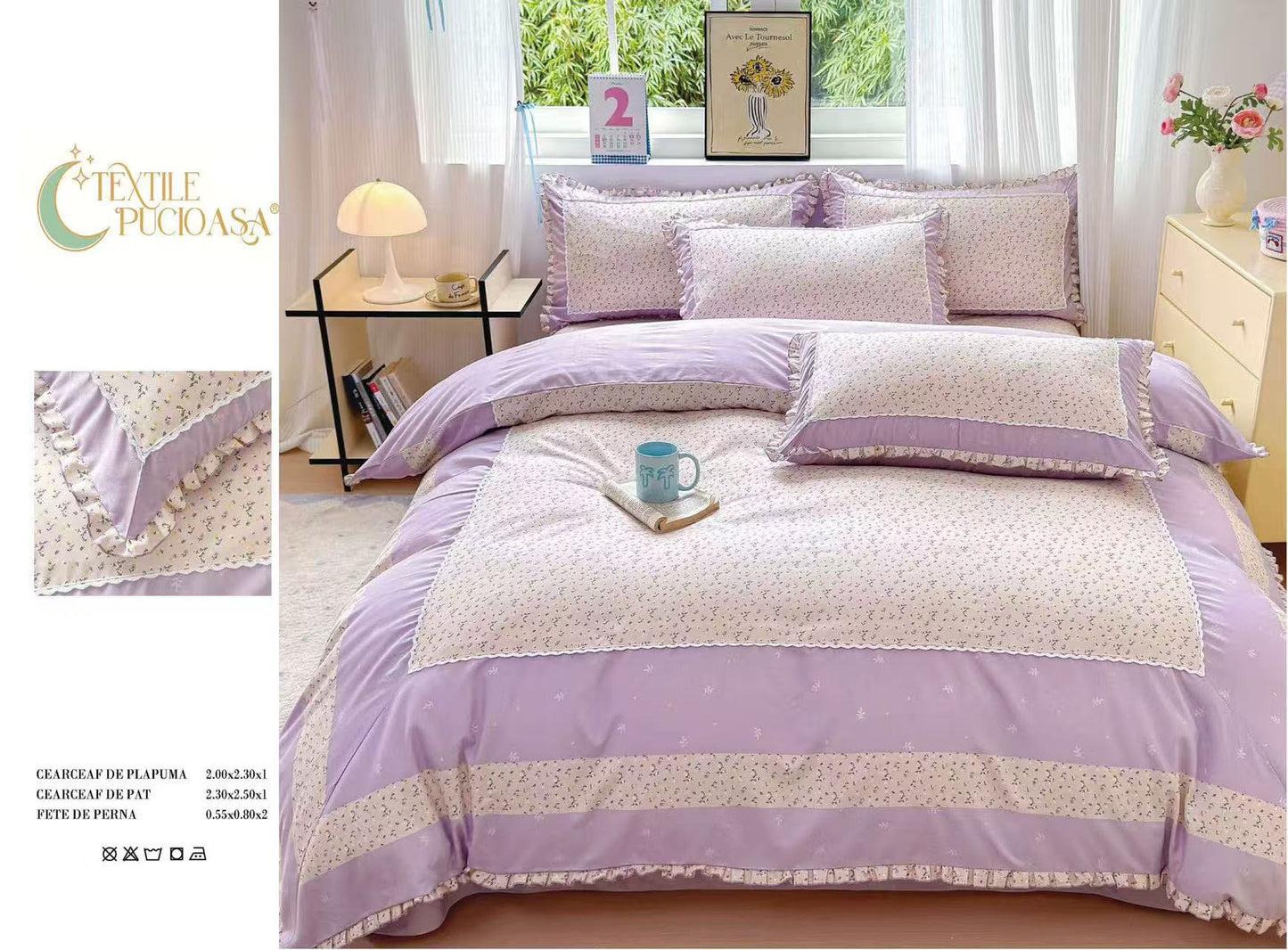 Lenjerie Bumbac Finet Premium 4 Piese cu Volanase, Floricele-M11238