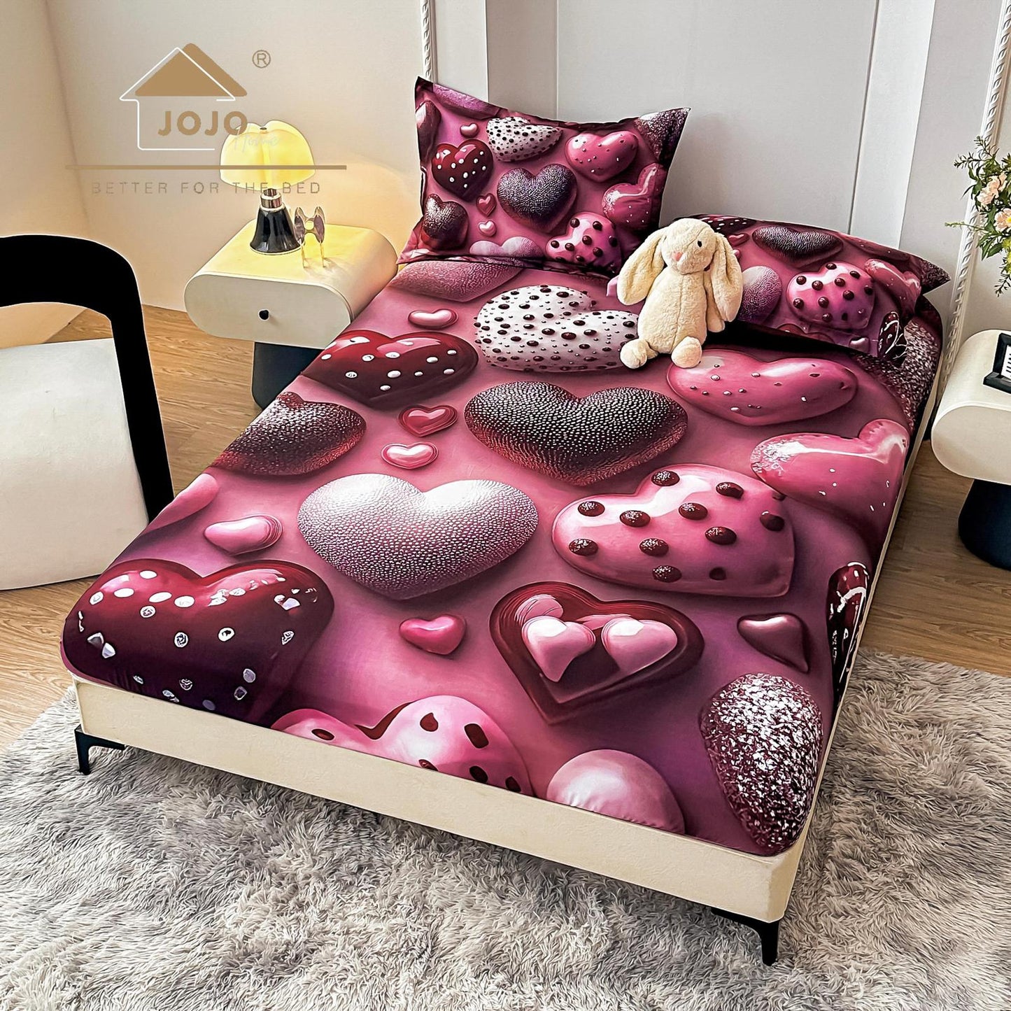 Husa de Pat cu Elastic, din Finet, 160x200cm+2 Fete de Perna, Imprimeu Digital, Inimioare-C10178