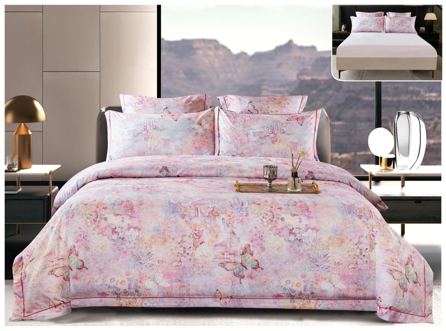 Lenjerie Premium Luxury, Pat Dublu, Satin Gros, 6 Piese cu Elastic, Floral Butterfly-A10278