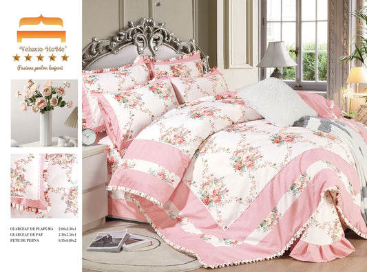 Lenjerie Bumbac Finet Premium 4 Piese cu Volanase, Roz/Crem/Floricele-M9581