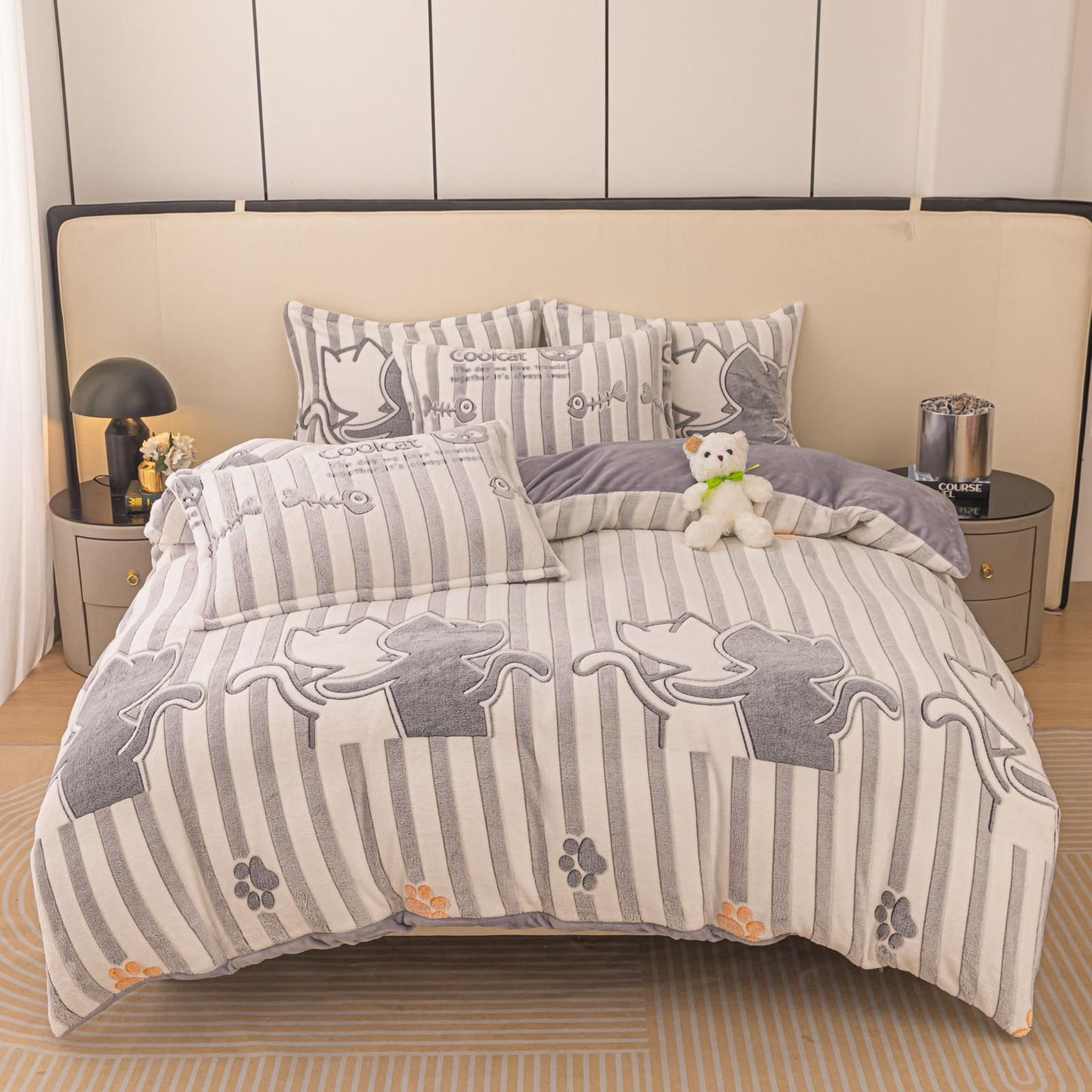 Lenjerie Cocolino 4 Piese cu Elastic, Pat Dublu, Pisicute-C9588