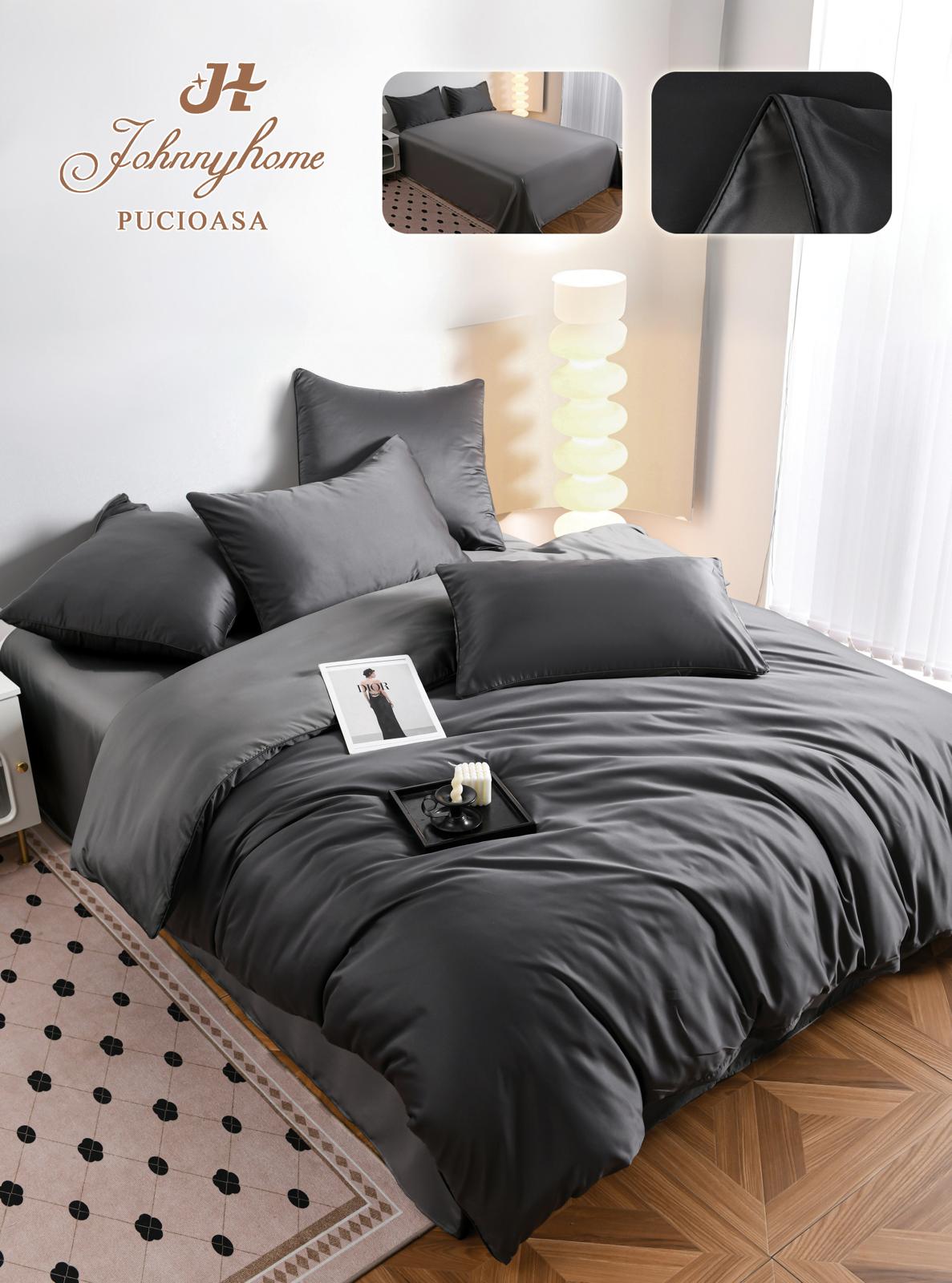 Lenjerie Luxury Pat Dublu, Tip Matase Satinata, 6 Piese, Gri Inchis/Gri Deschis-H9508