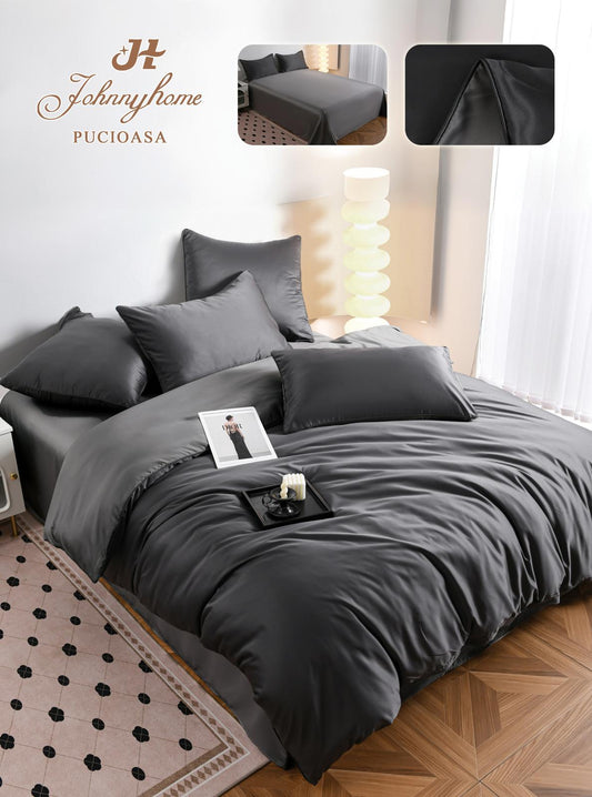 Lenjerie Luxury Pat Dublu, Tip Matase Satinata, 6 Piese, Gri Inchis/Gri Deschis-H9508