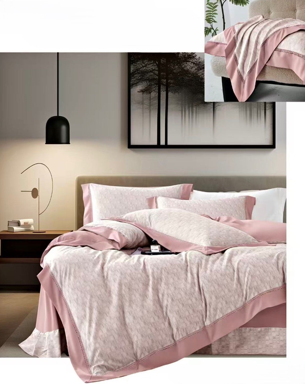 Lenjerie Luxury din Bumbac Satinat Premium, 4 Piese, Roz-CF10807