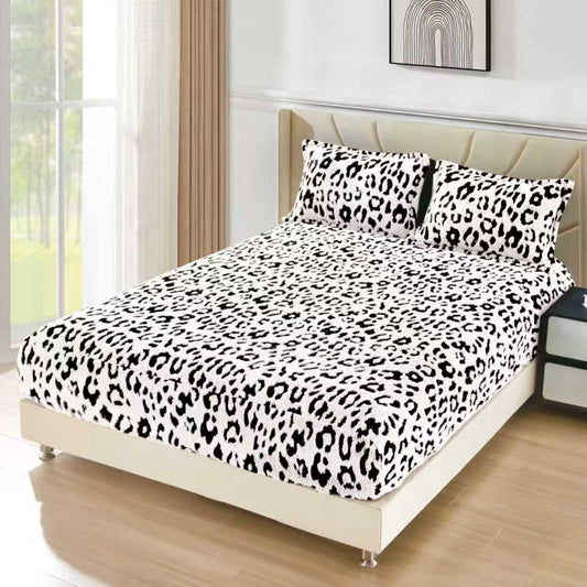 Husa Cocolino Sherpa cu Elastic, 180x200cm+2 Fete de Perna, Alb/Leopard Print-F10349