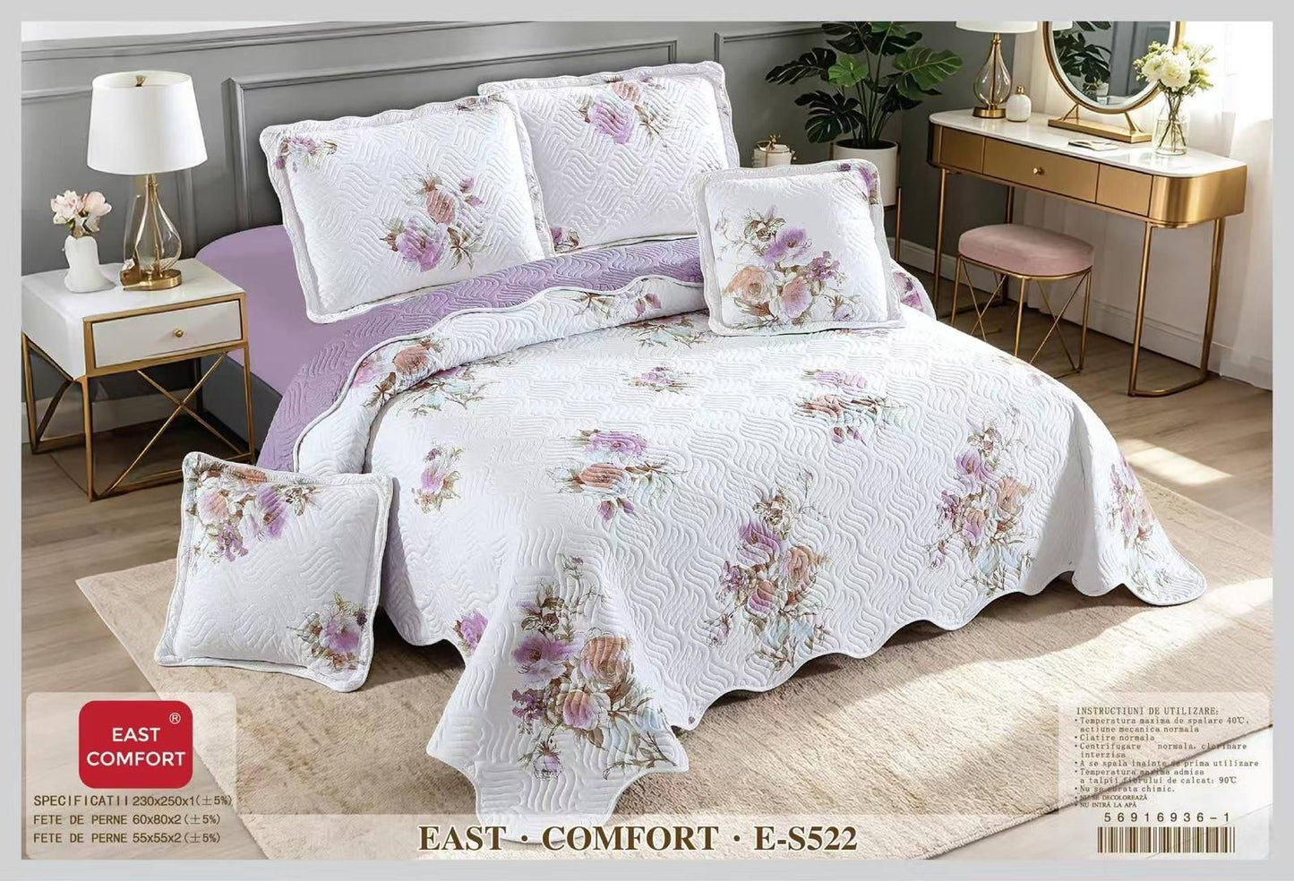Cuvertura de Pat, 5 piese, din Bumbac Finetat, Flori-D7579
