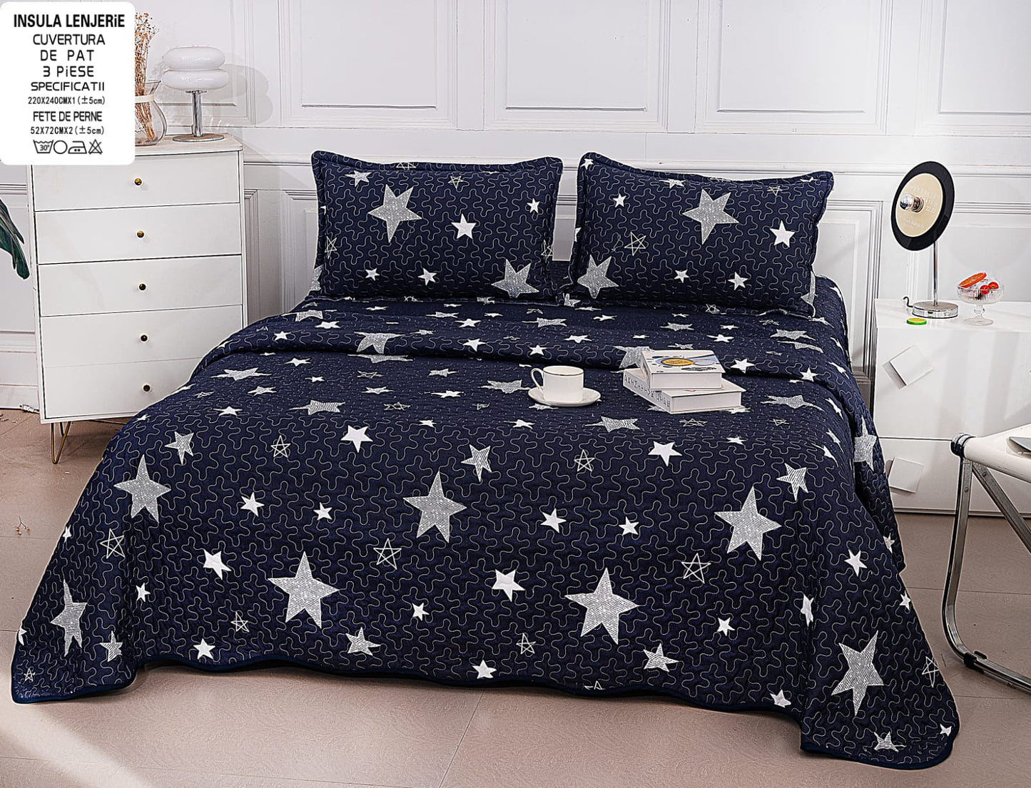 Cuvertura De Pat 3 Piese, din Bumbac Satinat, Stelute-A9866