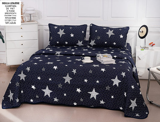 Cuvertura De Pat 3 Piese, din Bumbac Satinat, Stelute-A9866