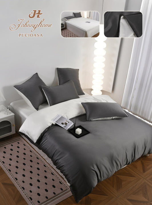 Lenjerie Luxury Pat Dublu, Tip Matase Satinata, 6 Piese, Gri/Alb-H9510