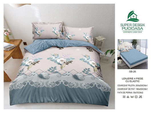 Lenjerie Pat Dublu cu Elastic din Bumbac Satinat Superior cu 4 Piese, Floral Elegance-V8735