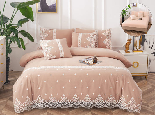 Lenjerie Pat Dublu cu Elastic si Dantela, din Bumbac Neted, cu 6 Piese, Cappuccino-A11151