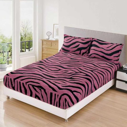 Husa Cocolino Sherpa cu Elastic, 180x200cm+2 Fete de Perna, Roz Inchis/Zebra Print-F9772