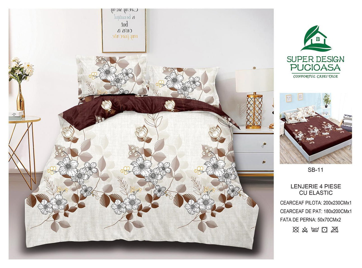 Lenjerie Pat Dublu cu Elastic din Bumbac Satinat Superior cu 4 Piese, Beige Blossom-V8734