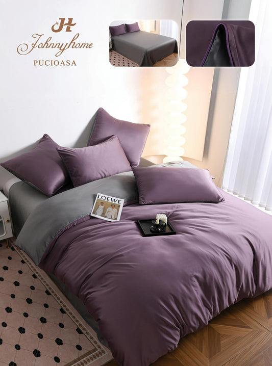 Lenjerie Luxury Pat Dublu, Tip Matase Satinata, 6 Piese, Mov/Gri-H9509