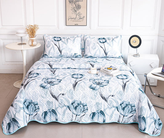 Cuvertura De Pat 3 Piese, din Bumbac Satinat, Floricele-A9865