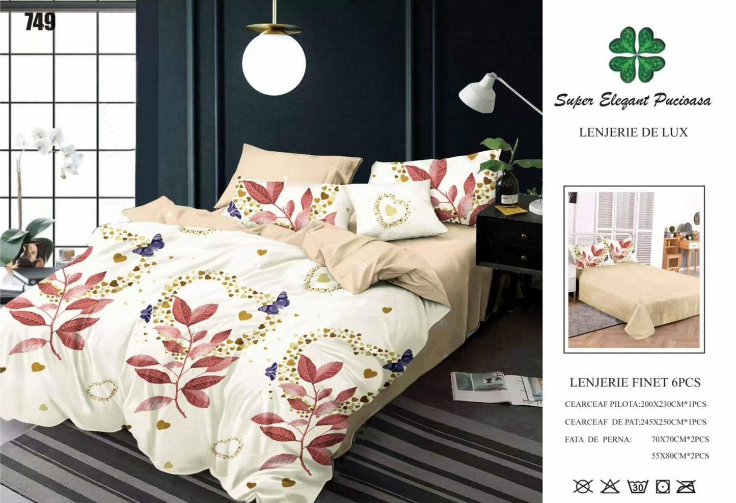 Lenjerie Pat Dublu din Finet, 6 Piese, Frunze/Fluturi-SEP9106