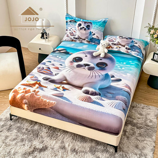 Husa de Pat cu Elastic, din Finet, 160x200cm+2 Fete de Perna, Imprimeu Digital, Foca-C10179