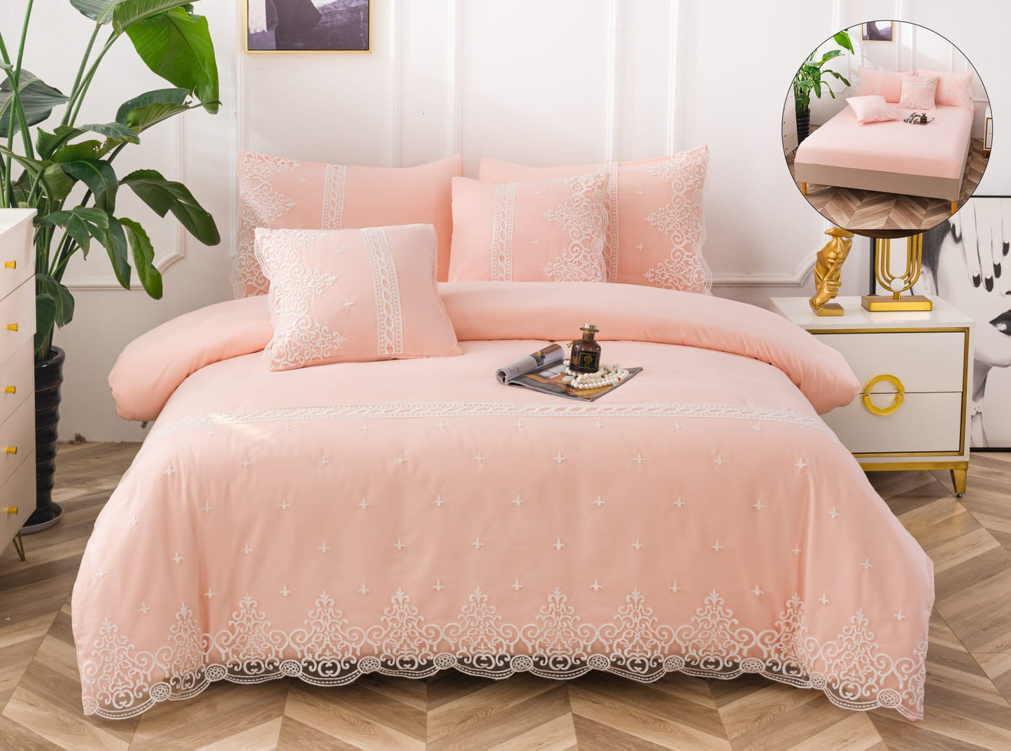 Lenjerie Pat Dublu cu Elastic si Dantela, din Bumbac Neted, cu 6 Piese, Pastel Pink-A11152