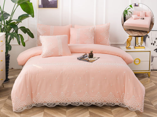 Lenjerie Pat Dublu cu Elastic si Dantela, din Bumbac Neted, cu 6 Piese, Pastel Pink-A11152