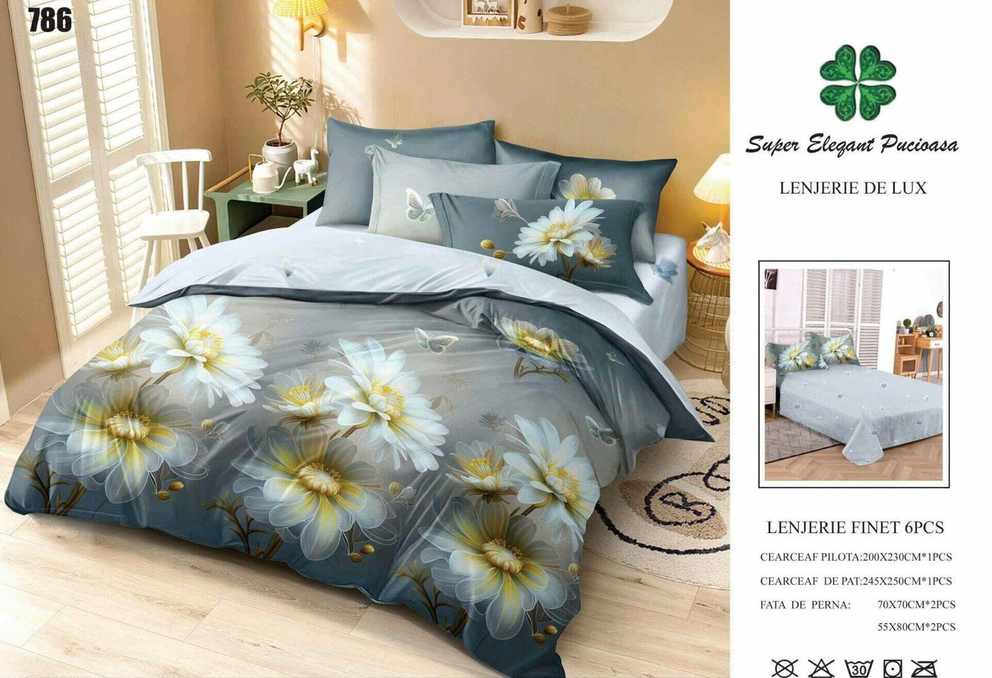 Lenjerie Pat Dublu din Finet, 6 Piese, Gri/Flori-SEP9107