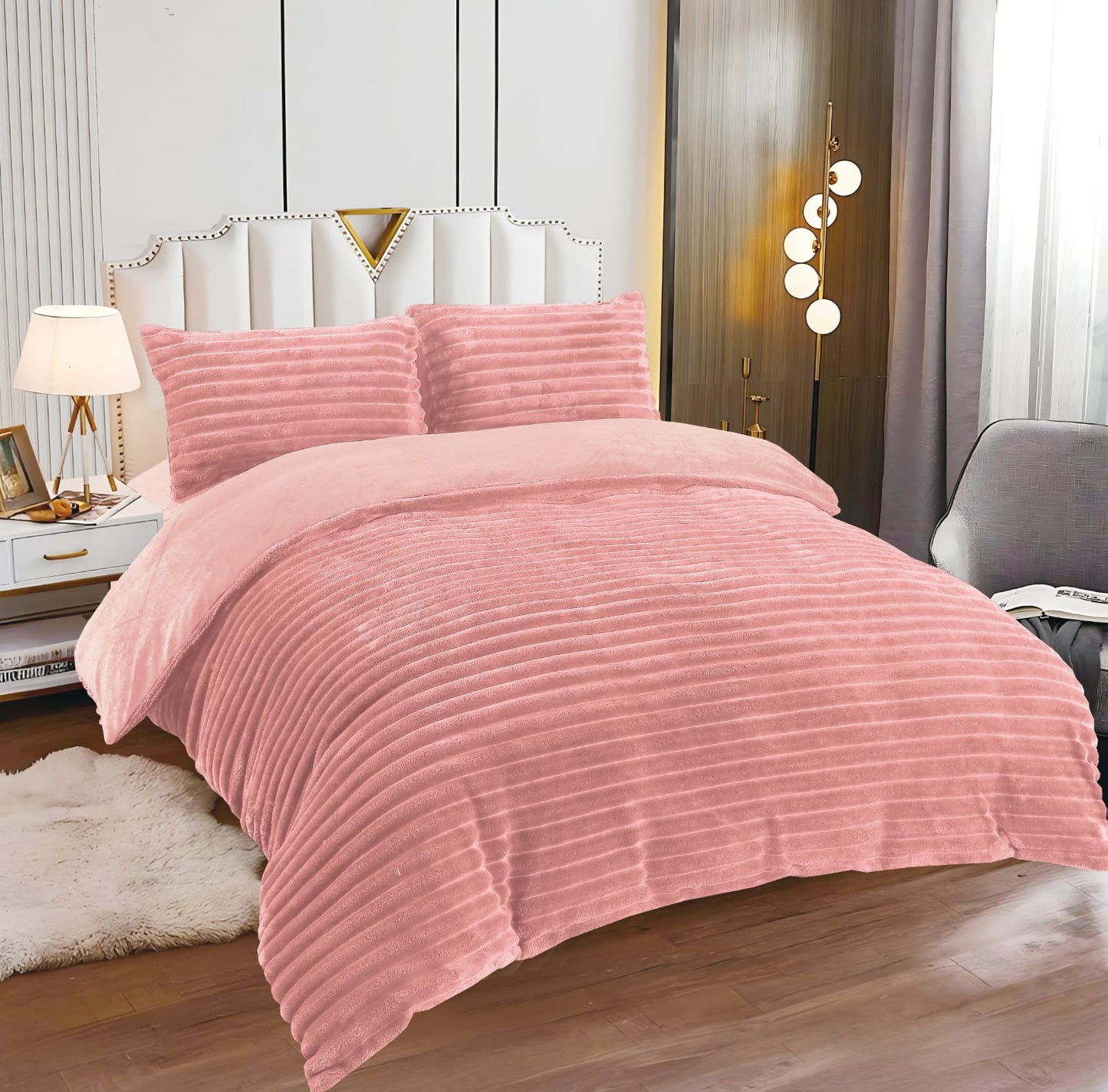 Lenjerie Cocolino Pufoasa, Model Dungat, 4 Piese, Cearceaf pat cu Elastic, Roz-L10080