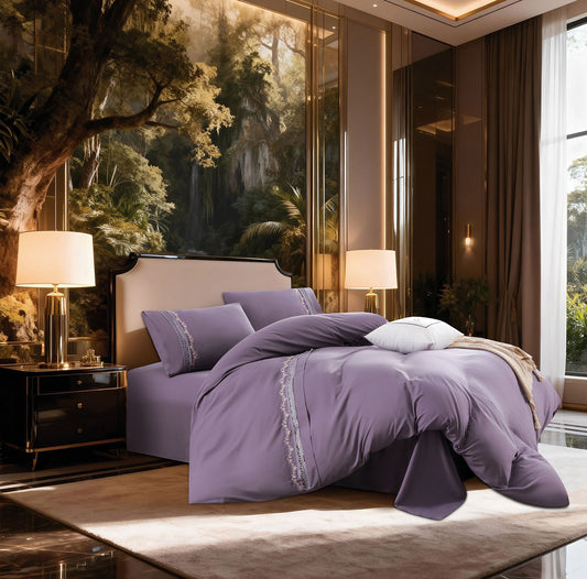 Lenjerie Luxury din Bumbac Finetat Superior, cu Dantela Brodata, 4 Piese, Mov-R10733