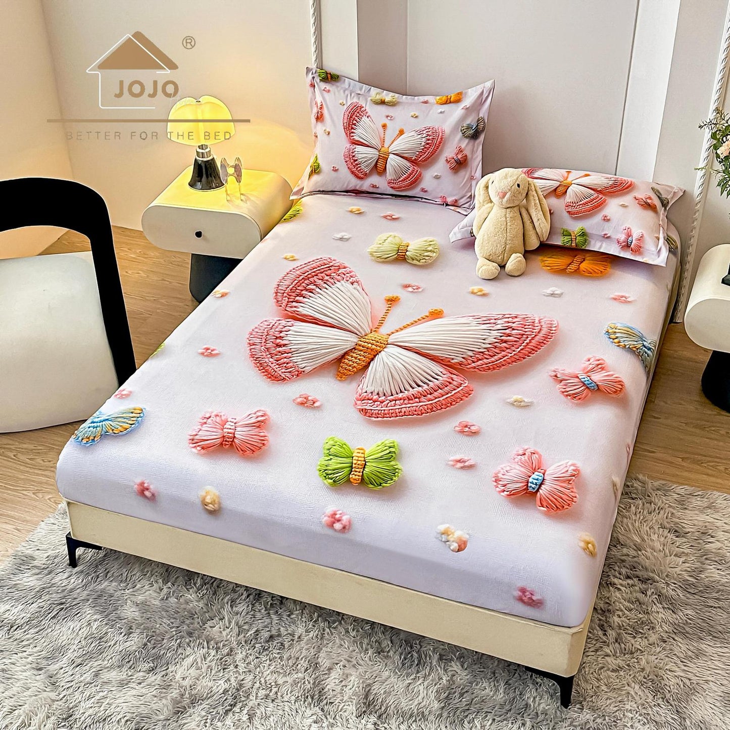 Husa de Pat cu Elastic, din Finet, 160x200cm+2 Fete de Perna, Imprimeu Digital, Fluturasi-C10180