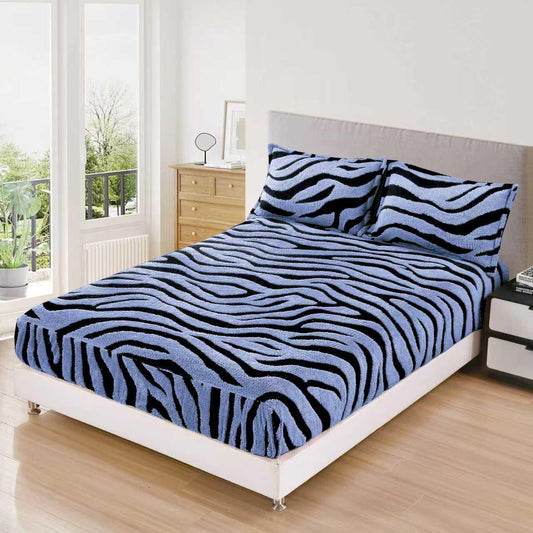 Husa Cocolino Sherpa cu Elastic, 180x200cm+2 Fete de Perna, Albastru/Zebra Print-F9774