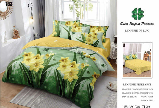 Lenjerie Pat Dublu din Finet, 6 Piese, Flori/Inimi-SEP9108