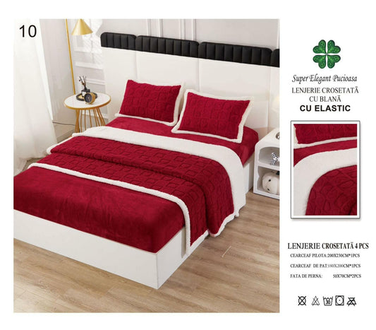 Lenjerie Crosetata Tip Tricotaj, cu Blanita, 4 Piese, cu Elastic, Grena-P9112