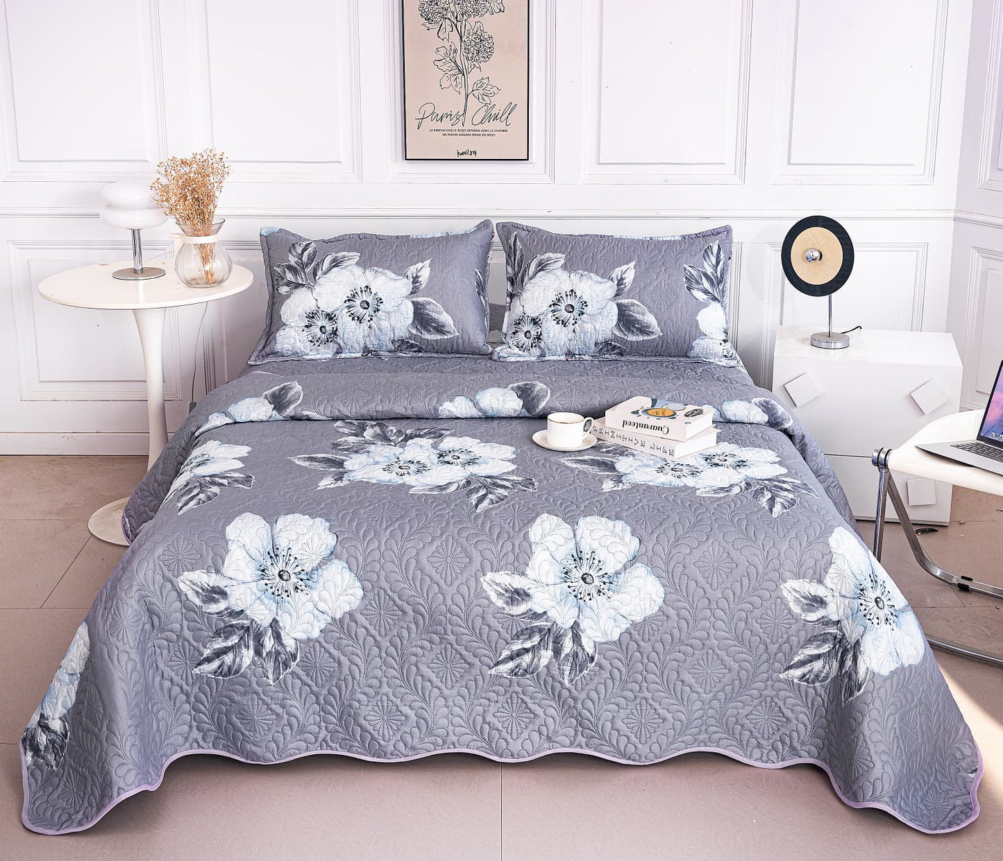 Cuvertura De Pat 3 Piese, din Bumbac Satinat, Floricele-A9870