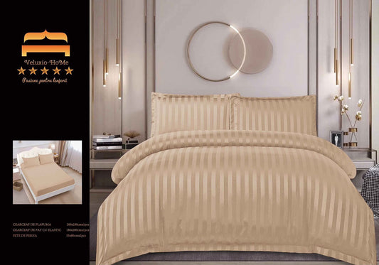 Lenjerie Bumbac Damasc 4 Piese cu Elastic, Caramel Latte, Uni-M11245