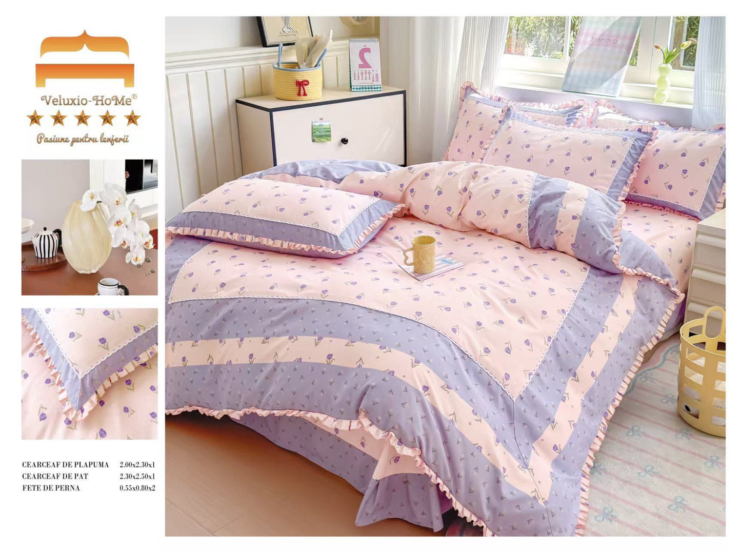 Lenjerie Bumbac Finet Premium 4 Piese cu Volanase, Roz/Lila/Lalele-M9583