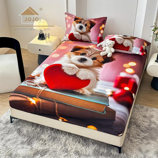 Husa de Pat cu Elastic, din Finet, 160x200cm+2 Fete de Perna, Imprimeu Digital, Catelus-C10181