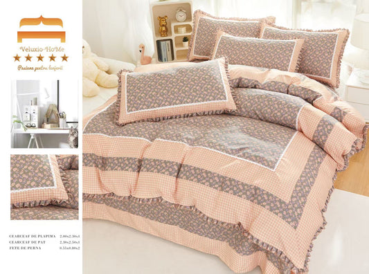 Lenjerie Bumbac Finet Premium 4 Piese cu Volanase, Floricele-M9584