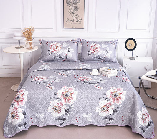 Cuvertura De Pat 3 Piese, din Bumbac Satinat, Floricele-A9867