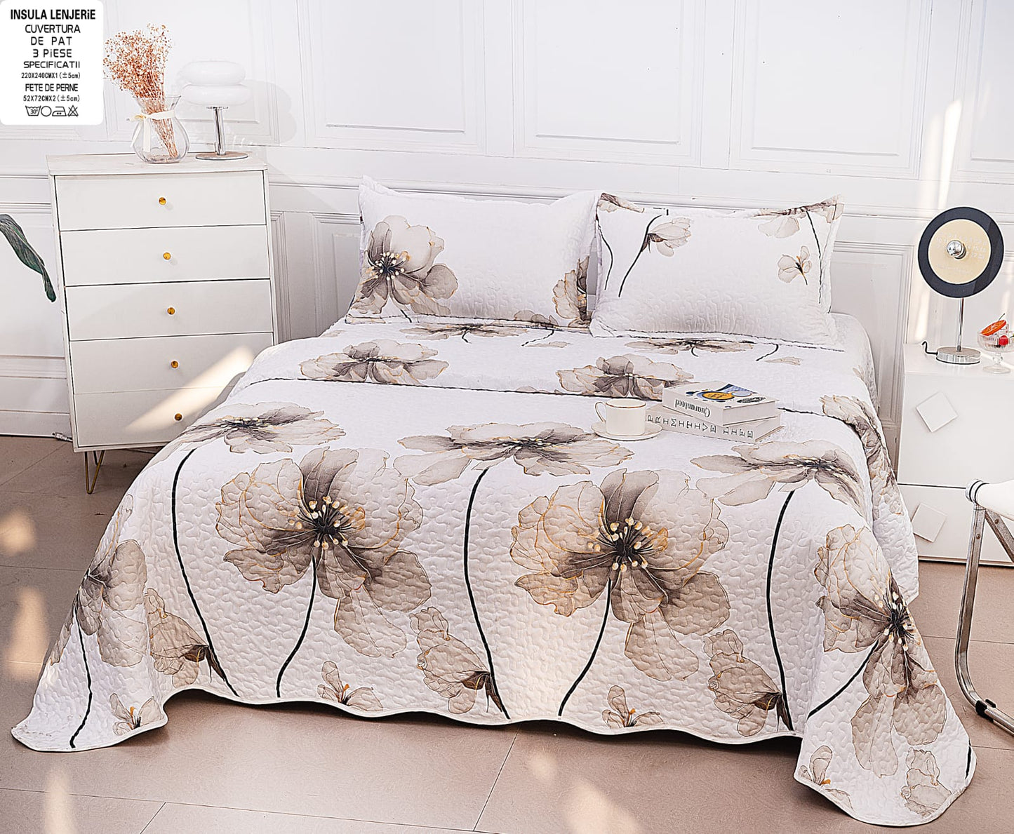 Cuvertura De Pat 3 Piese, din Bumbac Satinat, Floricele-A9868