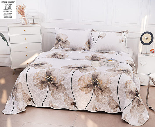 Cuvertura De Pat 3 Piese, din Bumbac Satinat, Floricele-A9868