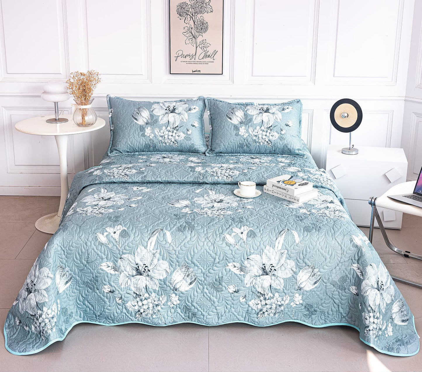 Cuvertura De Pat 3 Piese, din Bumbac Satinat, Floricele-A9869