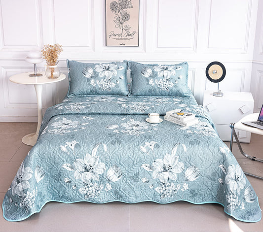 Cuvertura De Pat 3 Piese, din Bumbac Satinat, Floricele-A9869