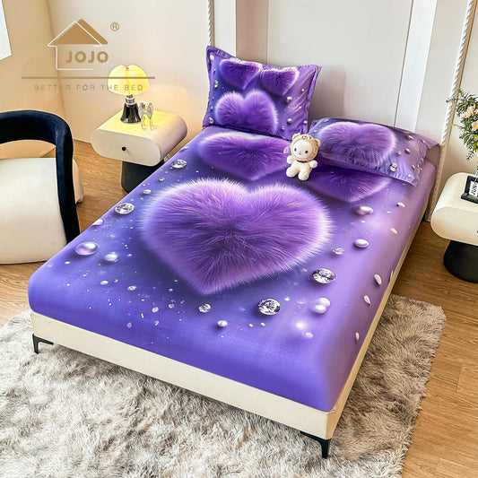 Husa de Pat cu Elastic, din Finet, 160x200cm+2 Fete de Perna, Imprimeu Digital, Inimioare-C10182